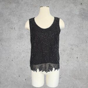 Elegant Vintage Black Beaded Sleeveless Tank Top Blouse w/ Zig Zag Cut Hem- S/M
